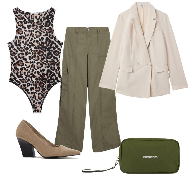 Outfit donna - Total look #2113521. Stile Trendy per Tutti i giorni. Abbinamento con décolleté, blazer, pantaloni cargo, body, valigie.