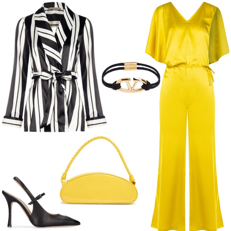 Outfit donna - Tuta in raso. Stile Chic per Serata fuori. Abbinamento con tute, blazer, décolleté, braccialetti, borse a spalla.