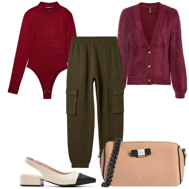 Outfit donna - Total look #2113527. Stile Trendy per Tutti i giorni. Abbinamento con décolleté, cardigans, borse a tracolla, pantaloni cargo, body.