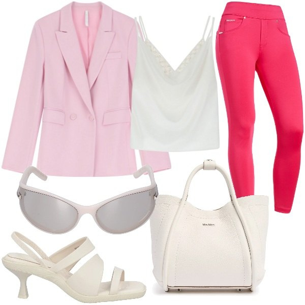 Outfit donna - Lo stile Athleisure 2025. Stile Sporty chic per Serata fuori. Abbinamento con sandali in pelle, blazer, canottiere, jeggings, borse a mano, occhiali da sole.