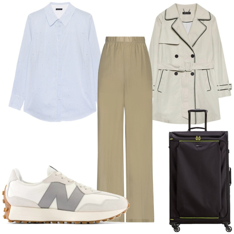 Outfit donna - Total look #2113532. Stile Trendy per Tutti i giorni. Abbinamento con pantaloni, sneakers, camicie, trench, valigie.