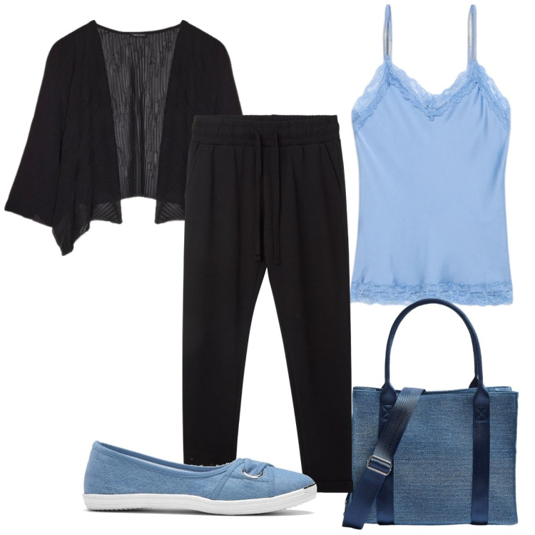 Outfit donna - Total look #2113533. Stile Trendy per Tutti i giorni. Abbinamento con ballerine, pantaloni, shopping bag, bolero, top.