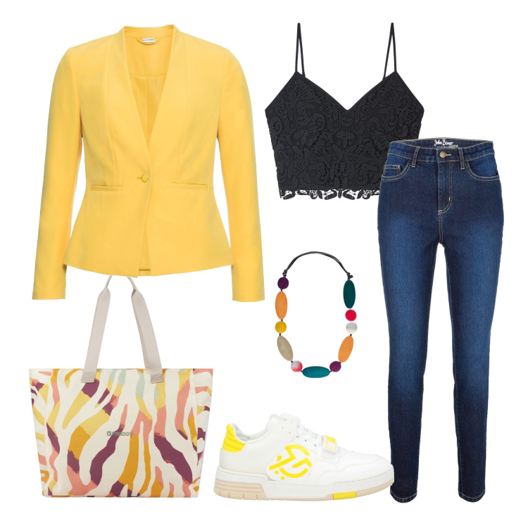 Outfit donna - Solare e smart. Stile Casual chic per Tutti i giorni. Abbinamento con blazer, jeans skinny, sneakers, top, shopping bag, collane.