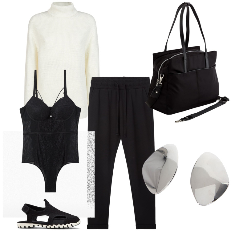 Outfit donna - Total look. Stile Trendy per Tutti i giorni. Abbinamento con sandali, pantaloni, body, orecchini, maglieria, borse a mano.