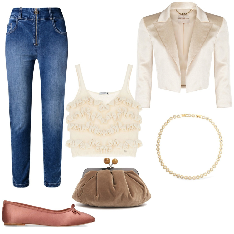 Outfit donna - Invito ad una cresima. Stile Glamour per Cerimonia. Abbinamento con bolero, jeans skinny, top, ballerine, pochette, collane.