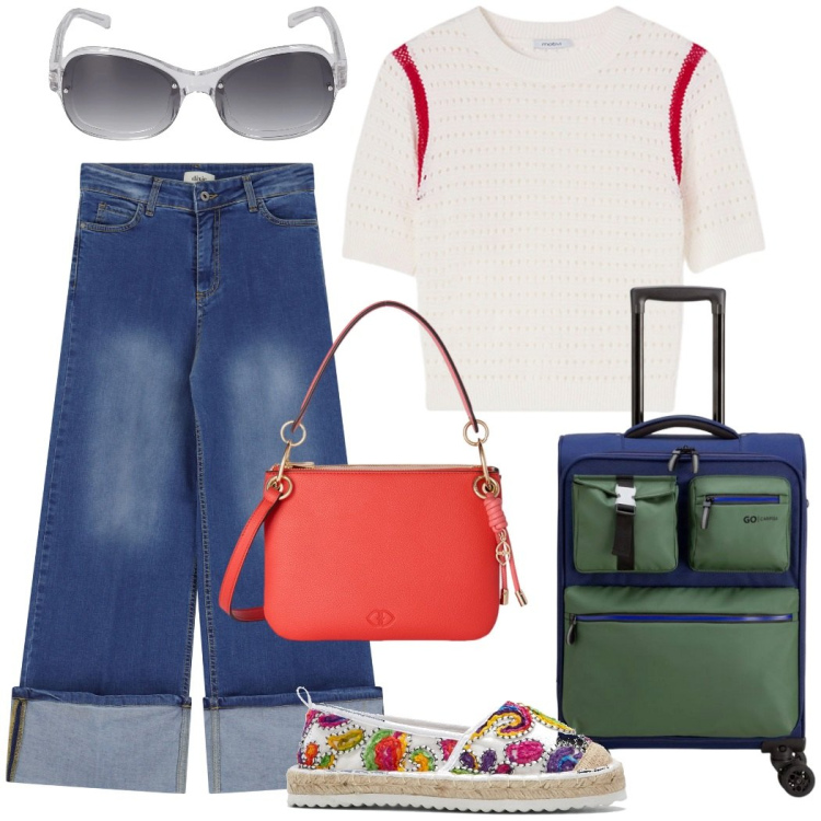 Outfit donna - In viaggio. Stile Casual chic per Tutti i giorni. Abbinamento con espadrillas, jeans dritti, occhiali da sole, borse a tracolla, valigie, maglieria.