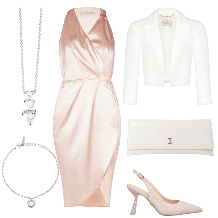 Outfit donna - Total look #2113557. Stile Glamour per Cerimonia. Abbinamento con décolleté, bolero, vestiti senza maniche, collane, braccialetti con ciondoli, pochette.