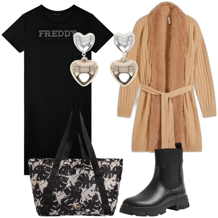 Outfit donna - Total look a prezzi bassi. Stile Urban per Ufficio. Abbinamento con cardigans, orecchini, stivaletti chelsea, vestiti, shopping bag.