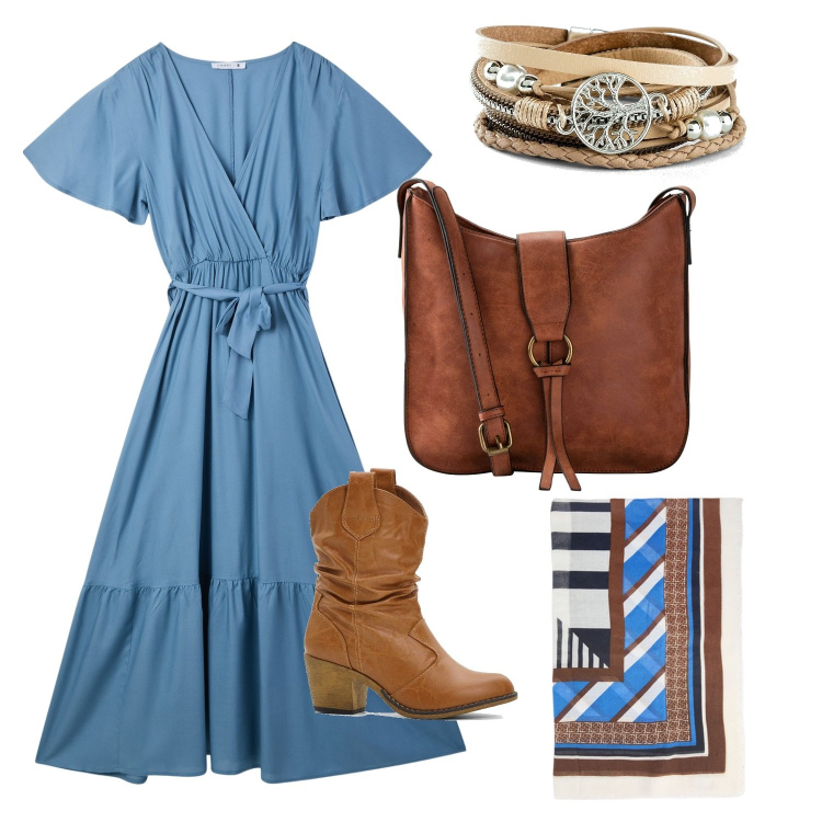 Outfit donna - Total look #2113564. Stile Casual chic per Tutti i giorni. Abbinamento con stivaletti texani, braccialetti, borse a tracolla, vestiti lunghi, foulard.