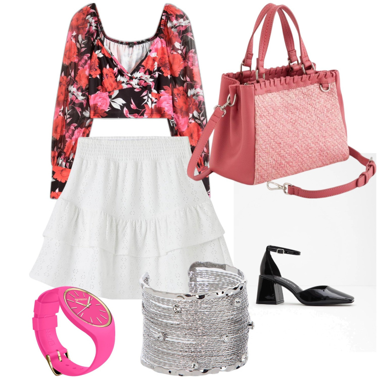 Outfit donna - Allegramente. Stile Trendy per Tutti i giorni. Abbinamento con bluse, décolleté, minigonne, braccialetti, orologi, borse a mano.