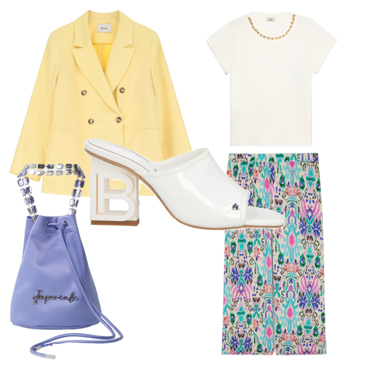 Outfit donna - Natura. Stile Casual chic per Tutti i giorni. look ideale per Tall. Abbinamento con sandali in pelle, borse a secchiello, blazer, pantaloni a palazzo, t-shirt.