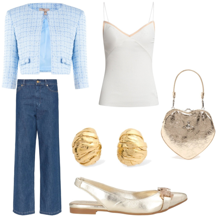 Outfit donna - Cerimonia in jeans. Stile Glamour per Cerimonia. Abbinamento con top, ballerine, bolero, pochette, jeans dritti, orecchini.