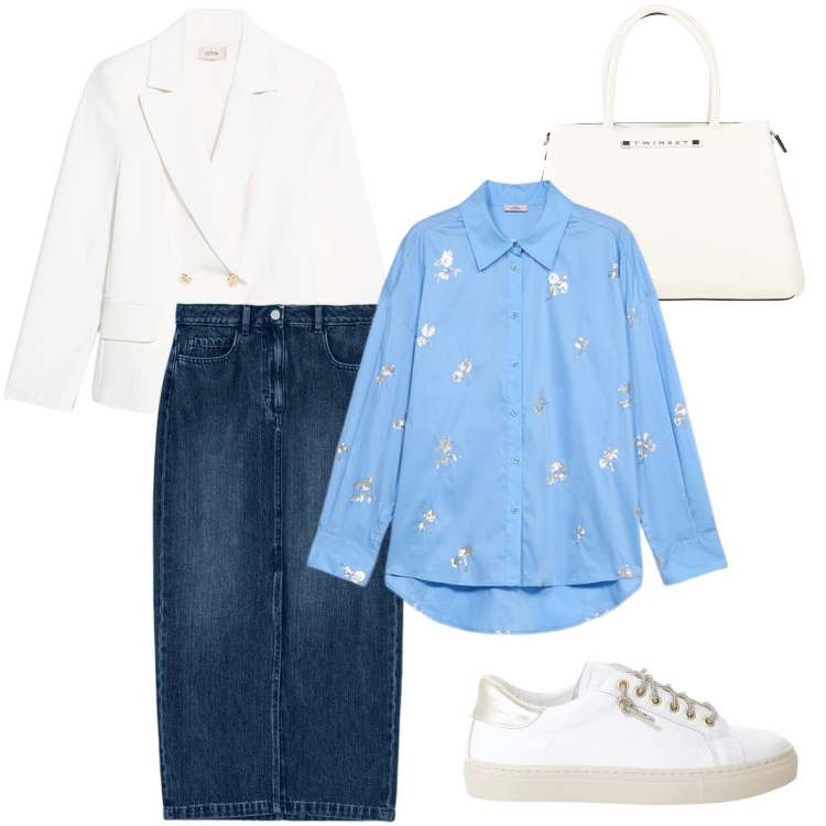 Outfit donna - Total look #2113579. Stile Casual chic per Tutti i giorni. Abbinamento con borse a mano, sneakers, camicie, blazer, gonne longuette.