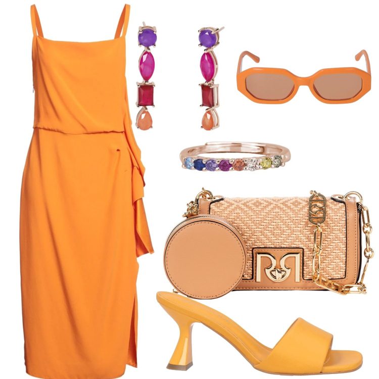 Outfit donna - Colori mandarino. Stile Glamour per Tutti i giorni. Abbinamento con sandali in pelle, vestiti midi/longuette, anelli, orecchini, borse a tracolla, occhiali da sole.