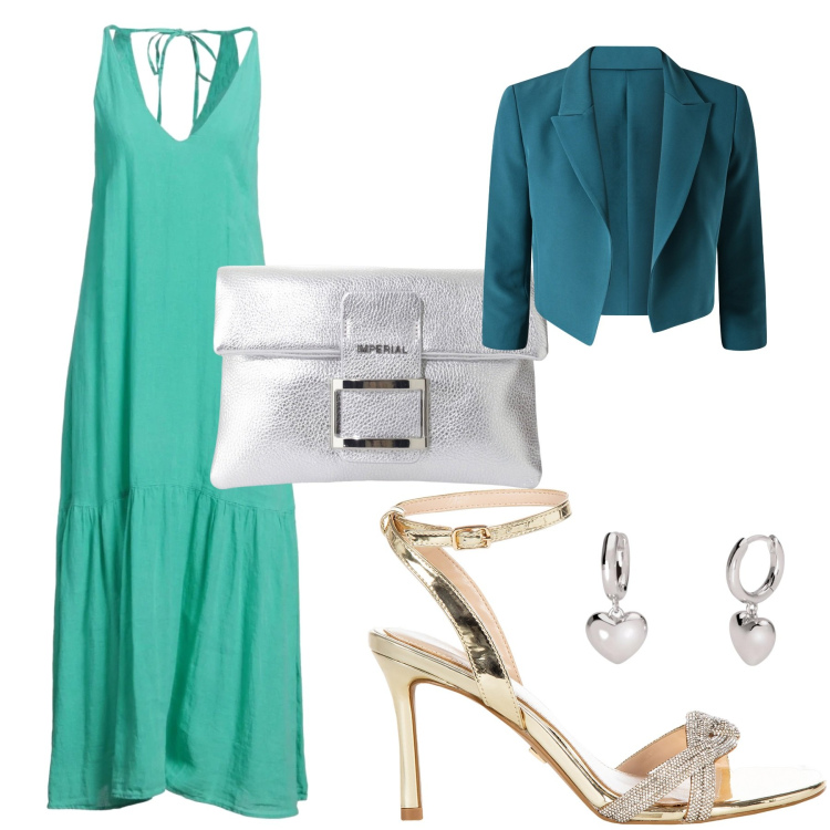 Outfit donna - Cerimonia chic. Stile Chic per Cerimonia. look ideale per Tall. Abbinamento con vestiti lunghi, pochette, orecchini, blazer, sandali col tacco.