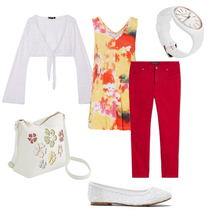 Outfit donna - Esplosione di colore. Stile Casual chic per Tutti i giorni. Abbinamento con pantaloni, ballerine, top, bolero, orologi, borse a tracolla.