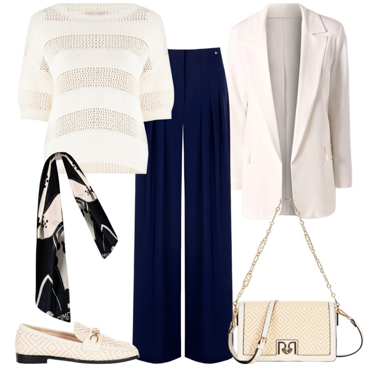 Outfit donna - Total look #2113586. Stile Casual chic per Ufficio. Abbinamento con pantaloni a palazzo, mocassini, blazer, maglieria, borse a tracolla, sciarpe.