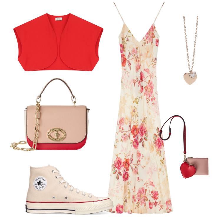 Outfit donna - Fioritura romantica in città. Stile Romantica per Tutti i giorni. Abbinamento con ciondoli, vestiti lunghi, gilet, sneakers, portafogli, borse a tracolla.