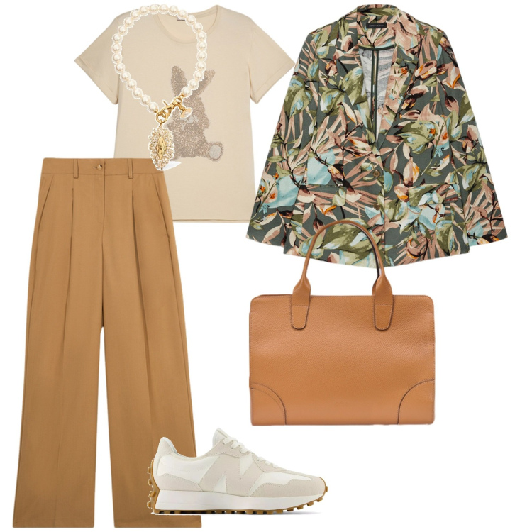 Outfit donna - A lavoro. per Ufficio. Abbinamento con sneakers, blazer, t-shirt, collane, pantaloni a palazzo, borse tote.