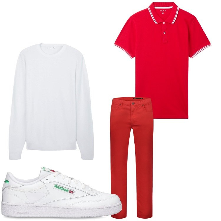 Outfit uomo - Rosso e bianco. Stile Casual per Tutti i giorni. Abbinamento con maglieria, polo, pantaloni, sneakers.