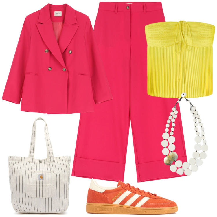 Outfit donna - Tonalità sorbetto. Stile Trendy per Tutti i giorni. Abbinamento con ciondoli, blazer, pantaloni a palazzo, sneakers, borse tote, top.