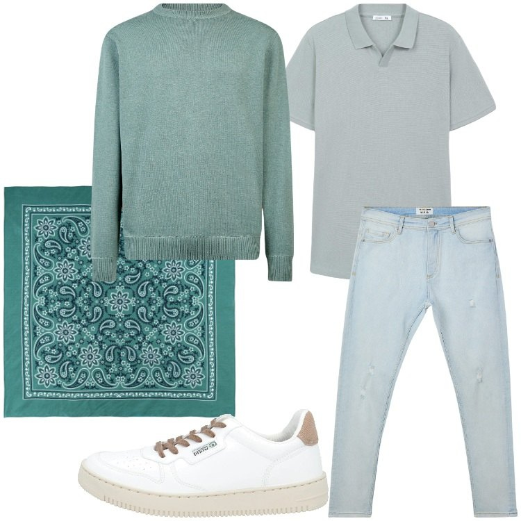 Outfit uomo - Verde a primavera. Stile Casual per Tutti i giorni. Abbinamento con sneakers, polo, jeans strappati, sciarpe e foulard, maglieria.