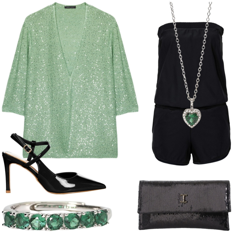 Outfit donna - Party. Stile Trendy per Serata fuori. Abbinamento con tute, décolleté, anelli, ciondoli, borse a tracolla, cardigans.