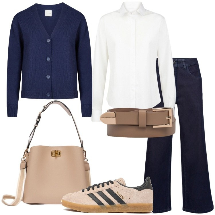 Outfit donna - Esame in facoltà. Stile Casual chic per Scuola/Università. Abbinamento con cardigans, sneakers, pantaloni, borse a secchiello, camicie, cinture.