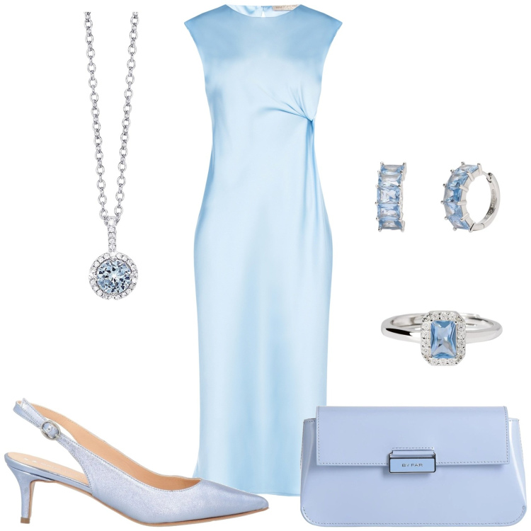 Outfit donna - Polvere chic. Stile Chic per Cerimonia. Abbinamento con borse a mano, décolleté, vestiti midi/longuette, collane, orecchini, anelli.