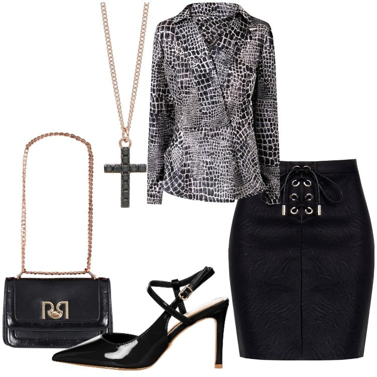 Outfit donna - Rock chic. Stile Rock per Serata fuori. Abbinamento con collane, bluse, minigonne, décolleté, borse a tracolla.