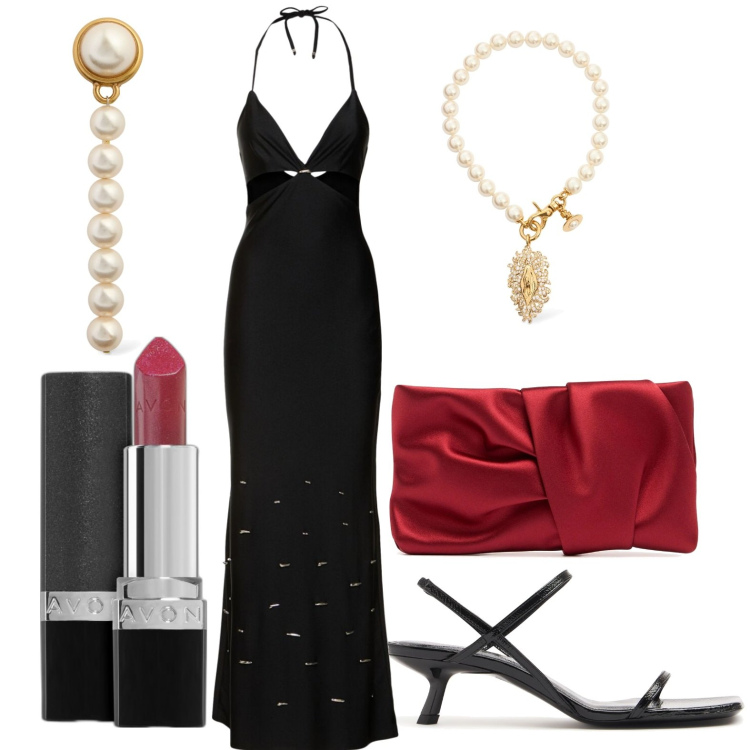 Outfit donna - Serata glamour. Stile Glamour per Cerimonia. Abbinamento con rossetti, pochette, orecchini, collane, vestiti lunghi, sandali in pelle.