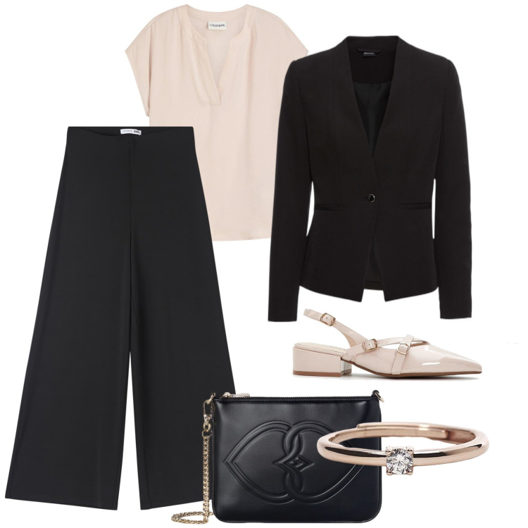 Outfit donna - Cena all’ultimo minuto. Stile Chic per Serata fuori. Abbinamento con blazer, bluse, décolleté, pantaloni culotte, anelli, pochette.