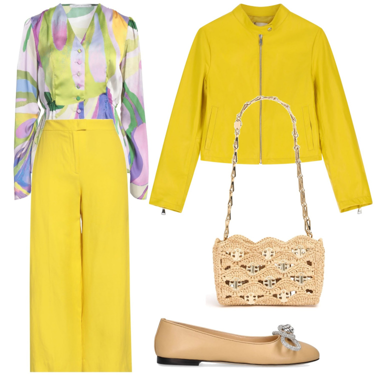 Outfit donna - Giornata solare. Stile Chic per Ufficio. Abbinamento con pantaloni, camicie, giacche, borse a spalla, ballerine.