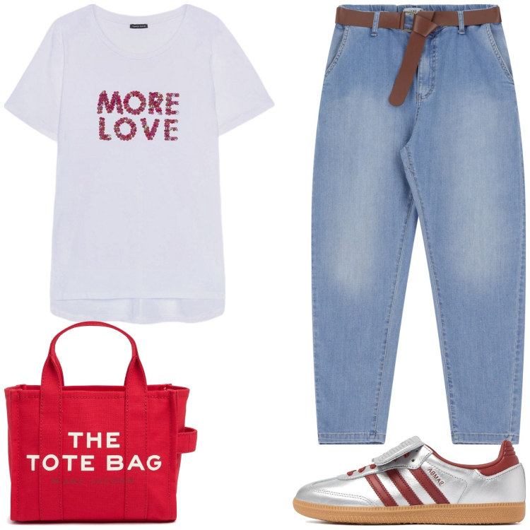 Outfit donna - Easy. Stile Casual per Tutti i giorni. Abbinamento con jeans, t-shirt, sneakers, shopping bag.