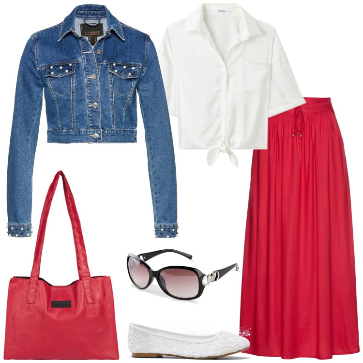 Outfit donna - Passeggiata. Stile Casual per Tutti i giorni. Abbinamento con gonne lunghe, ballerine, occhiali da sole, blazer, camicie a manica corta, shopping bag.
