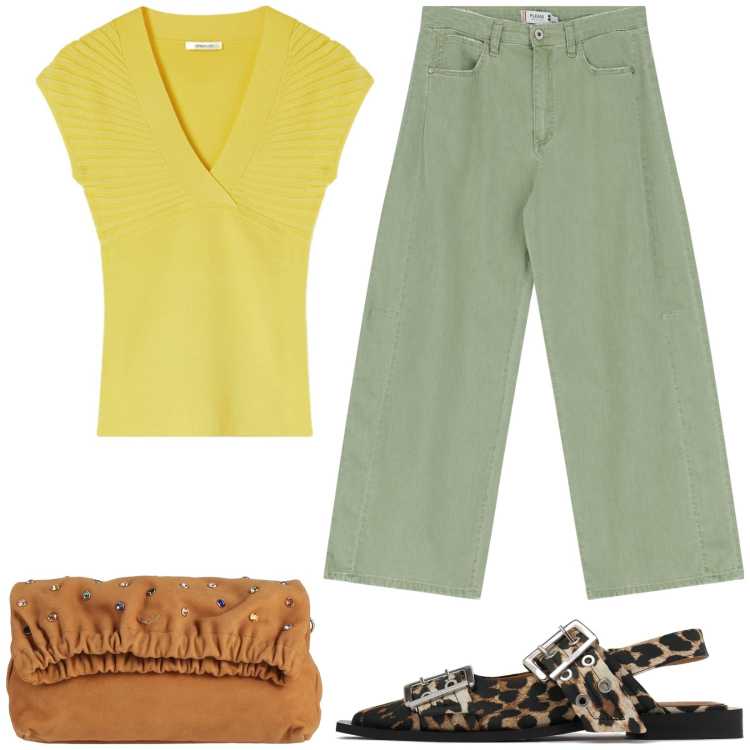 Outfit donna - Total look. Stile Casual per Tutti i giorni. Abbinamento con borse a mano, pantaloni a palazzo, ballerine, t-shirt.