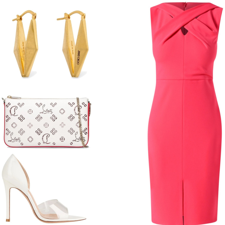 Outfit donna - Evento. Stile Glamour per Serata fuori. Abbinamento con décolleté, vestiti a tubino, orecchini, borse a spalla.