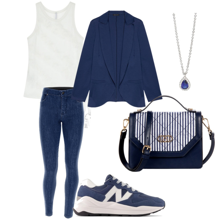 Outfit donna - Ufficio in citta\'. Stile Minimal per Ufficio. Abbinamento con collane, sneakers, borse a mano, top, jeans skinny, blazer.