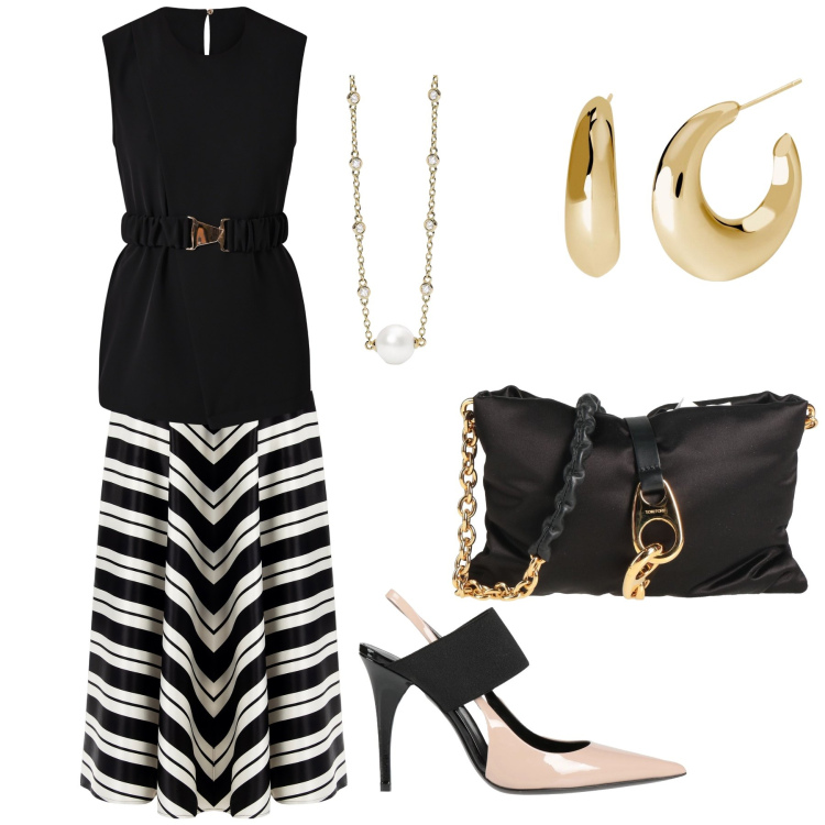 Outfit donna - A cena con lui. Stile Bon Ton per Serata fuori. Abbinamento con décolleté, borse a tracolla, collane, orecchini, bluse, gonne.