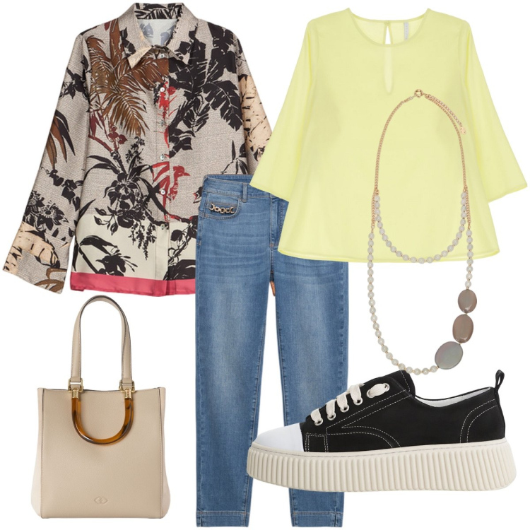 Outfit donna - Total look #2113658. Stile Casual chic per Tutti i giorni. Abbinamento con sneakers, bluse, camicie, jeans skinny, collane, shopping bag.