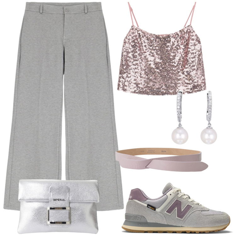 Outfit donna - Party Please collezione. Stile Casual chic per Serata fuori. Abbinamento con orecchini, sneakers, pantaloni a palazzo, top, pochette, cinture.