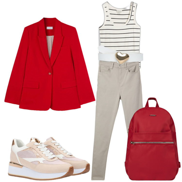 Outfit donna - all\'Università in rosso. Stile Casual chic per Scuola/Università. Abbinamento con canottiere, pantaloni skinny, cinture, zaini, blazer, sneakers.
