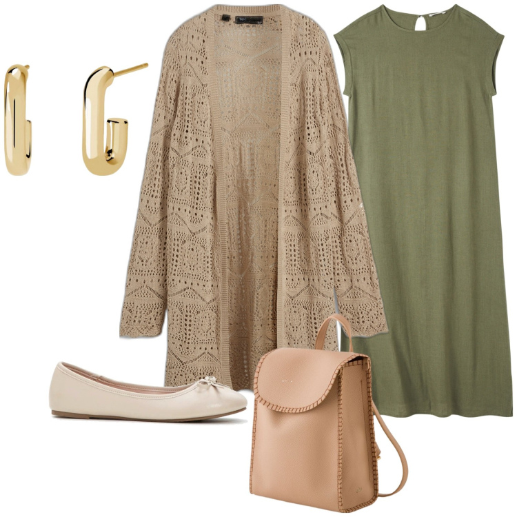 Outfit donna - Total look #2113668. Stile Casual per Tutti i giorni. Abbinamento con cardigans, ballerine, vestiti lunghi, orecchini, zaini.
