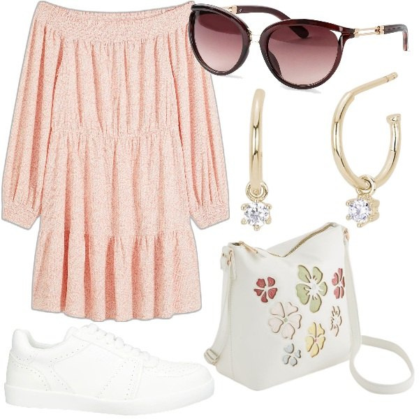 Outfit donna - Sneakers di tendenza 2025. Stile Glamour per Tutti i giorni. Abbinamento con occhiali da sole, vestiti, sneakers, orecchini, borse a tracolla.