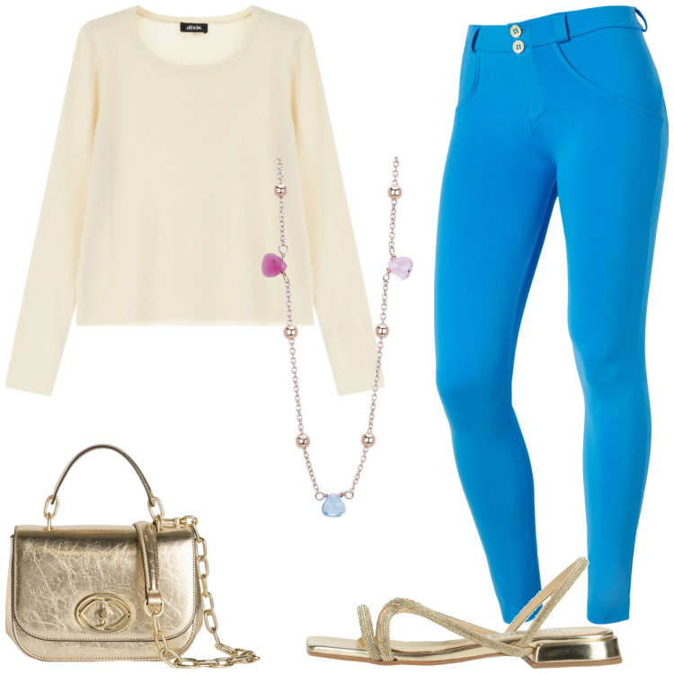 Outfit donna - Total look #2113675. Stile Casual chic per Tutti i giorni. Abbinamento con sandali, collane, pantaloni skinny, pullovers, borse a tracolla.