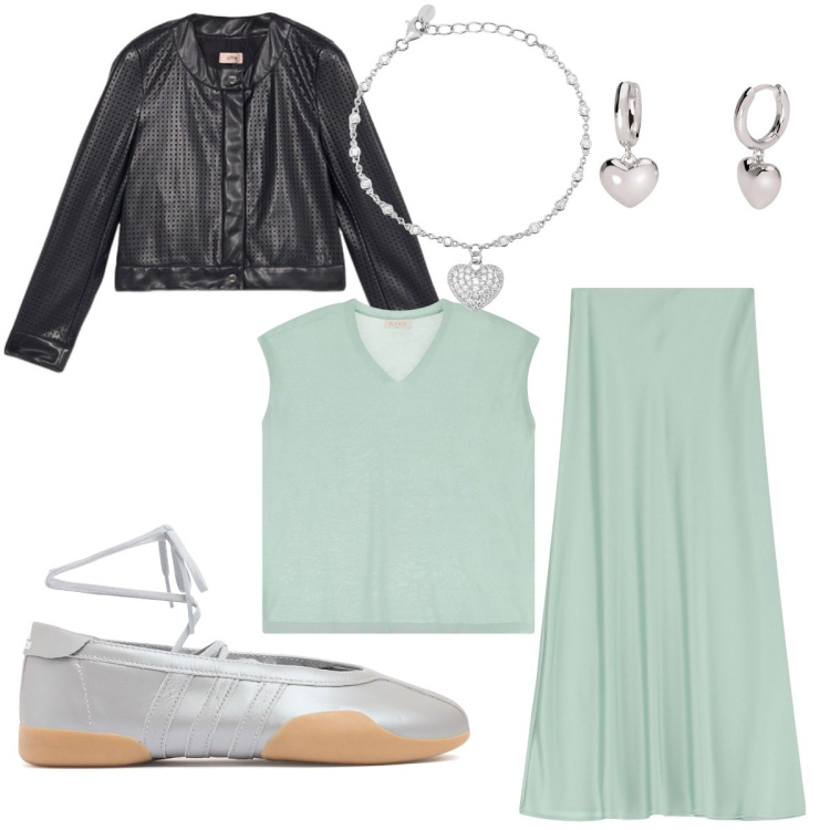 Outfit donna - Sorbetto alla menta. Stile Casual per Tutti i giorni. Abbinamento con braccialetti, orecchini, top, gonne lunghe, sneakers, giacche.