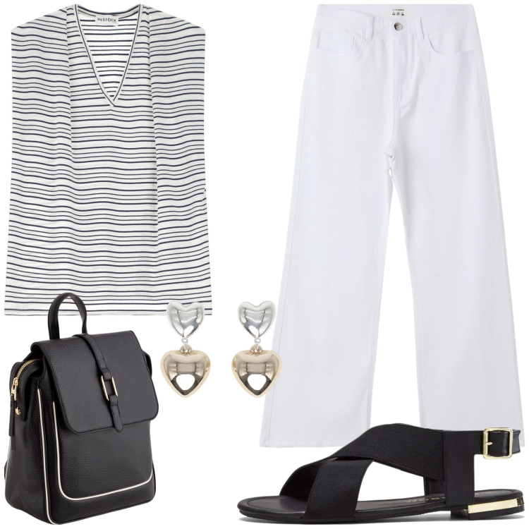 Outfit donna - Total look #2113680. Stile Casual per Tutti i giorni. Abbinamento con sandali, orecchini, pantaloni, top, zaini.