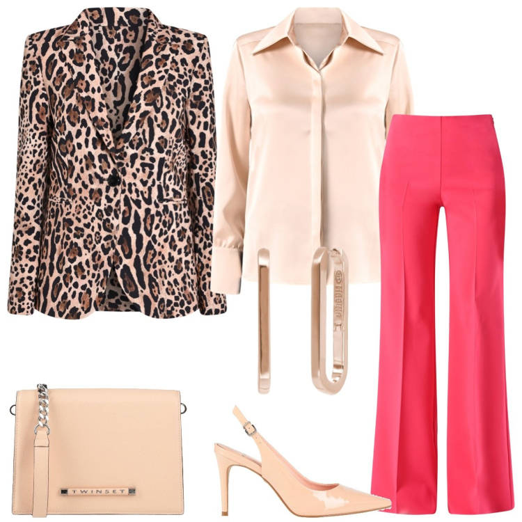 Outfit donna - Aperitivo. Stile Chic per Serata fuori. Abbinamento con borse a tracolla, décolleté, pantaloni a palazzo, blazer, camicie, orecchini.