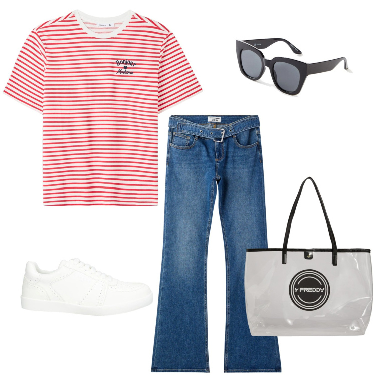 Outfit donna - Lazy sunday morning. Stile Casual per Tutti i giorni. Abbinamento con occhiali da sole, sneakers, jeans a zampa, t-shirt, shopping bag.