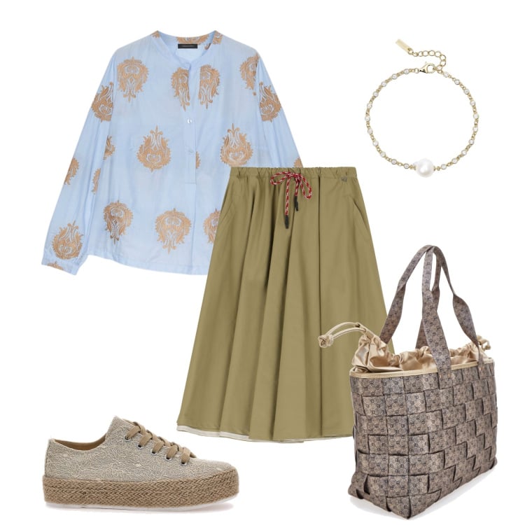 Outfit donna - Lavanda e caffè. Stile Casual chic per Tutti i giorni. Abbinamento con braccialetti, gonne longuette, bluse, espadrillas, borse a spalla.